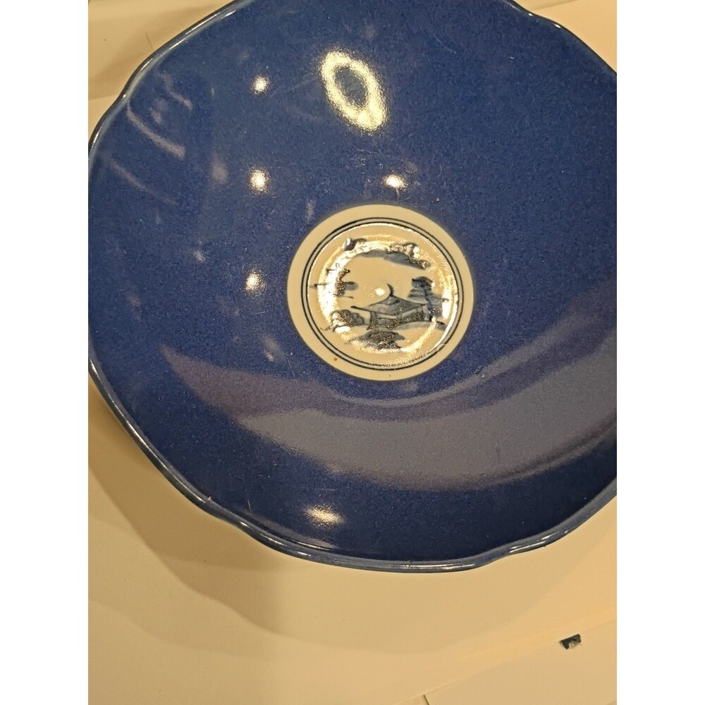 Vintage Tachikichi Japanese Blue And White Porcelain Footed Bowl W/ Landscape